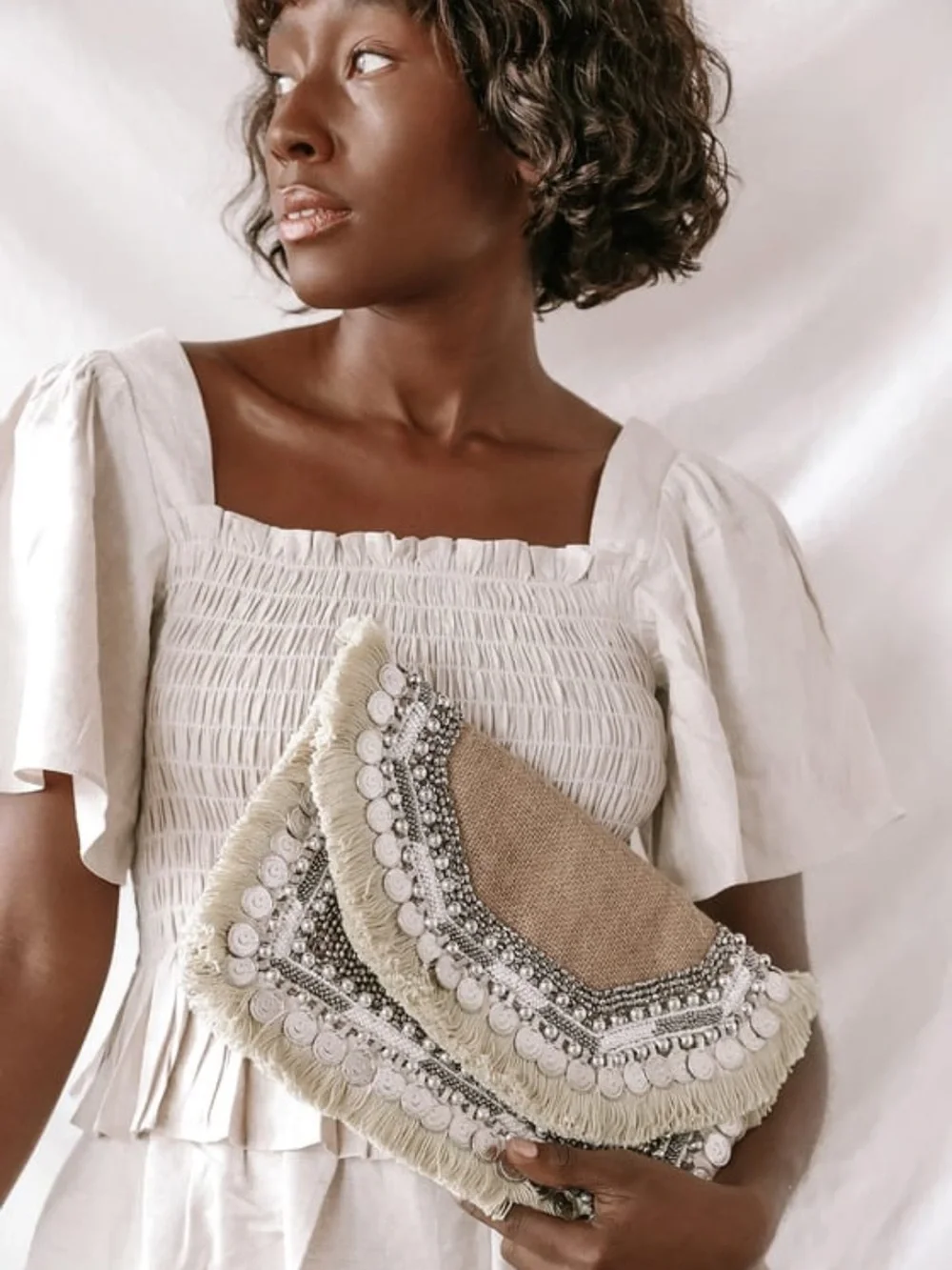 Lulu's Beige Beaded Fringe Clutch